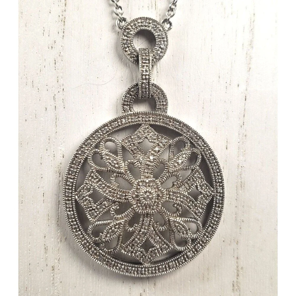 Vintage 925 Sterling Silver w Diamond Circle Cross Hearts Pendant Chain Necklace - Picture 15 of 16